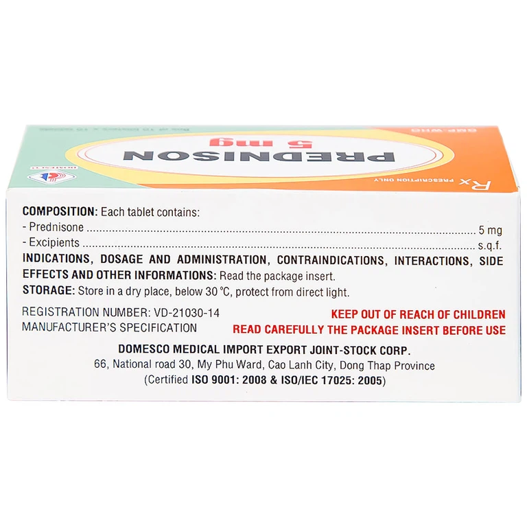 Thuốc Prednison 5mg Domesco điều trị viêm khớp dạng thấp (10 vỉ x 10 viên)