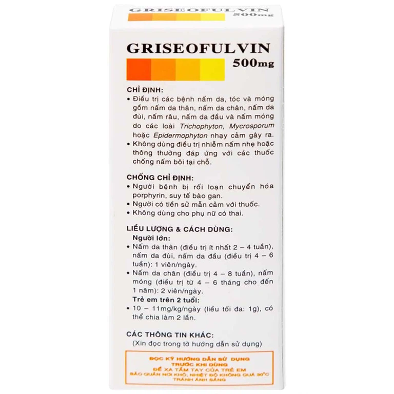 Thuốc Griseofulvin 500mg Vidipha điều trị các bệnh nấm da, tóc, lông, móng tay, móng chân (2 vỉ x 10 viên)
