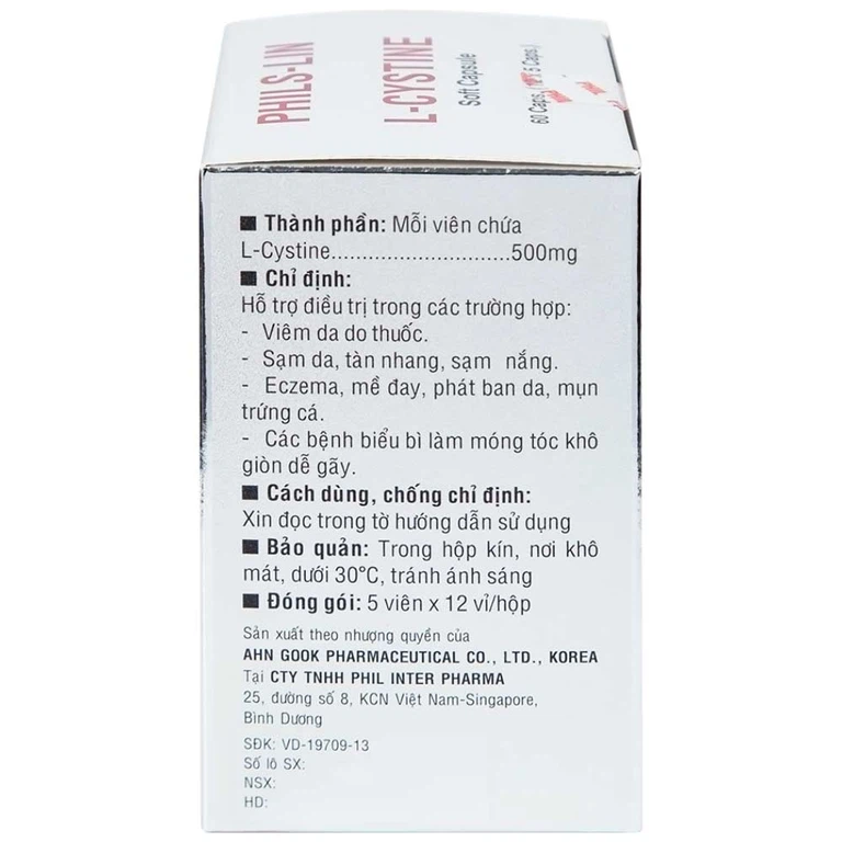 Viên nang mềm L-Cystine 500mg Phils Lin hỗ trợ điều trị viêm da do thuốc, sạm da, tàn nhang (12 vỉ x 5 viên)