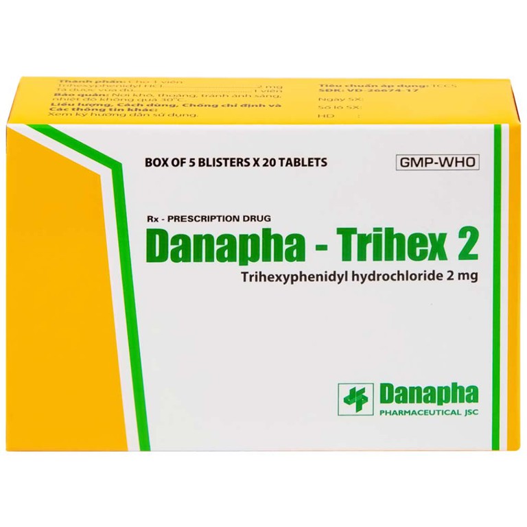 Thuốc Danapha - Trihex 2 điều trị hỗ trợ hội chứng Parkinson, giảm hội chứng ngoại tháp (5 vỉ x 20 viên)
