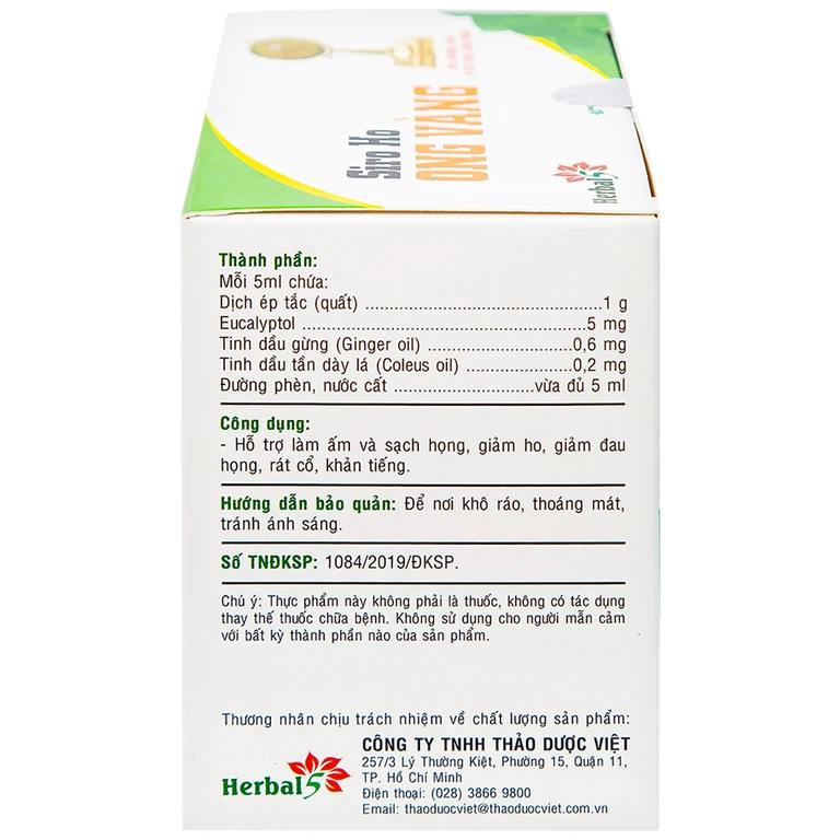 Siro ho Ong Vàng Thảo Dược Việt hỗ trợ làm ấm và sạch họng, giảm ho (30 gói x 5ml)