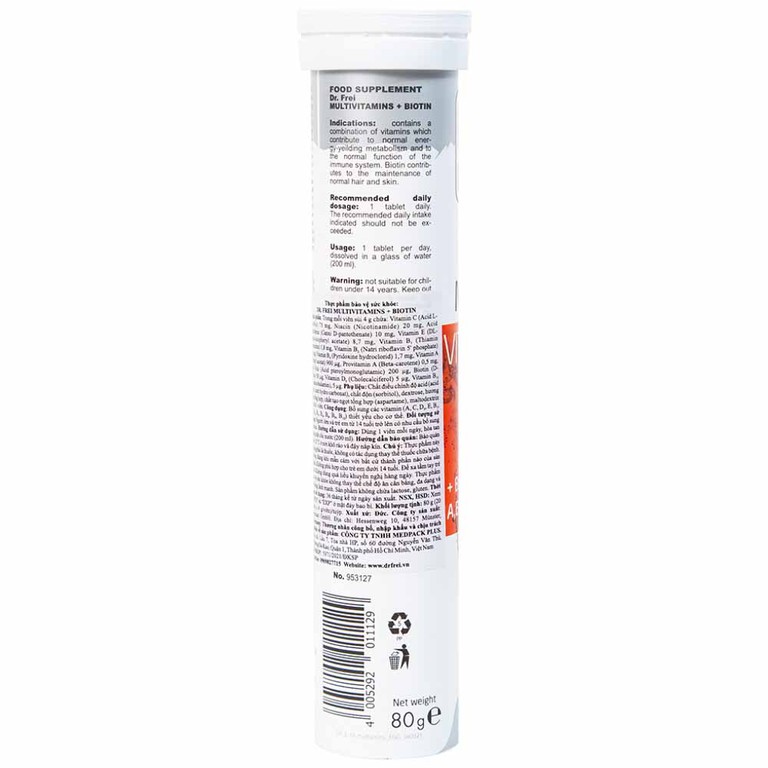 Viên sủi Multivitamins + Biotin Dr. Frei bổ sung vitamin cho cơ thể (20 viên) 