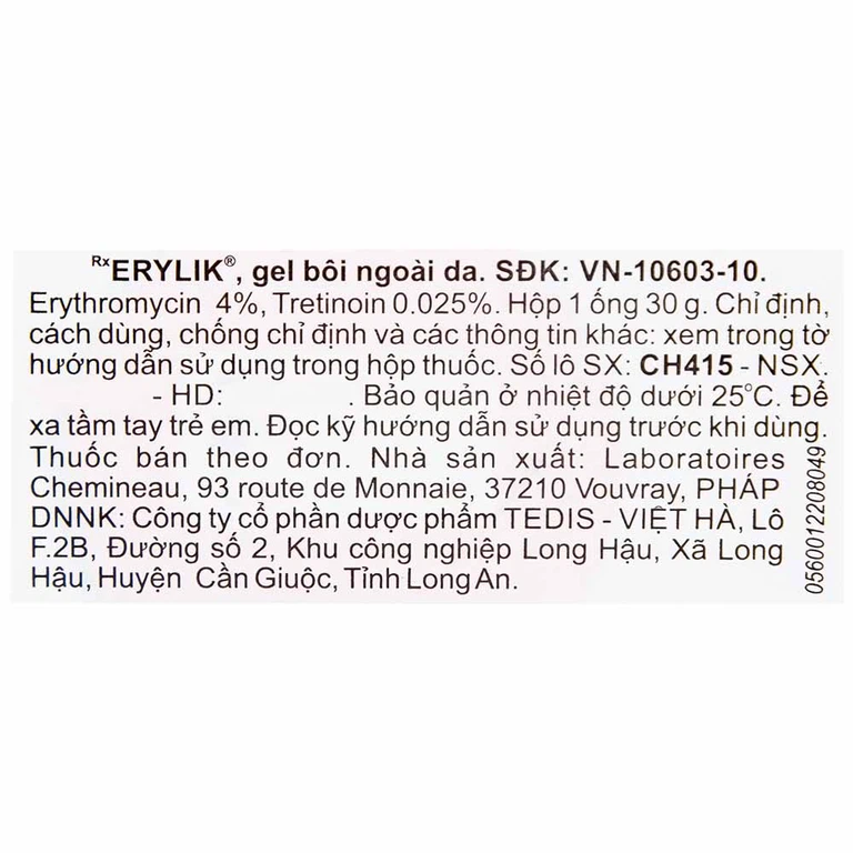 Gel bôi ngoài da Erylik điều trị tại chỗ mụn trứng cá mức độ trung bình (30g)