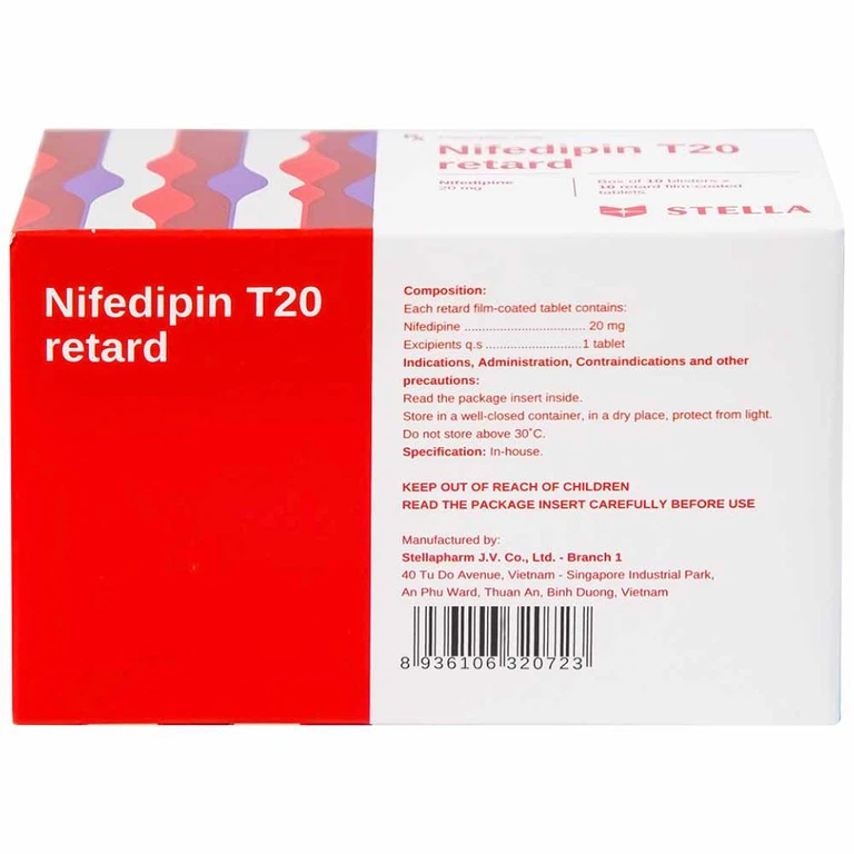 Viên nén Nifedipin T20 retard Stella dự phòng đau thắt ngực, điều trị tăng huyết áp (10 vỉ x 10 viên) 
