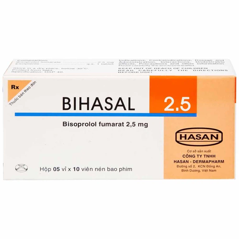Thuốc Bihasal 2.5 Hasan điều trị tăng huyết áp, đau thắt ngực, suy tim mạn tính ổn định (5 vỉ x 10 viên)