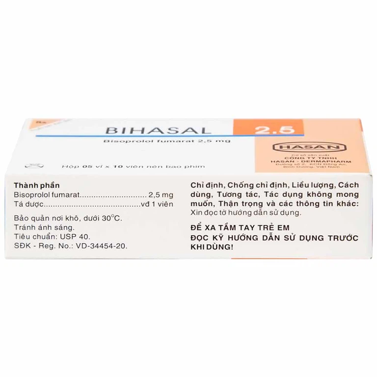 Thuốc Bihasal 2.5 Hasan điều trị tăng huyết áp, đau thắt ngực, suy tim mạn tính ổn định (5 vỉ x 10 viên)