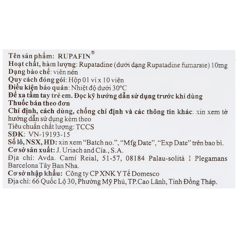 Thuốc Rupafin 10mg Hyphens điều trị viêm mũi dị ứng, nổi mày đay (1 vỉ x 10 viên)