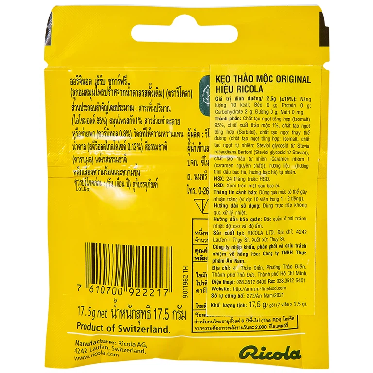Kẹo ngậm không đường Ricola Original Herb giảm ho, thông cổ mát họng, giảm viêm họng (17.5g)