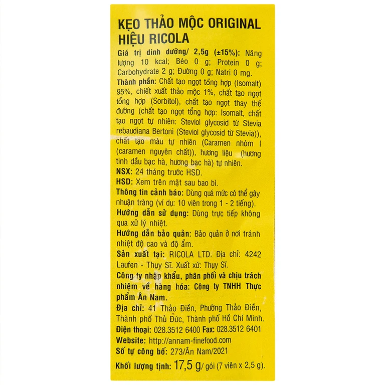Kẹo ngậm không đường Ricola Original Herb giảm ho, thông cổ mát họng, giảm viêm họng (17.5g)