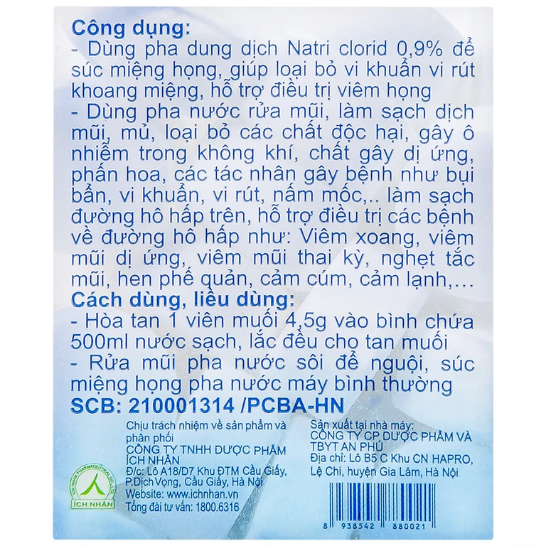 Muối Y Tế Ích Nhân dùng pha nước súc miệng họng, rửa mũi (50 viên x 4.5g)