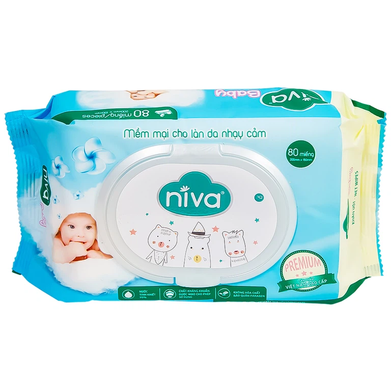 Khăn ướt Niva Baby làm sạch, kháng khuẩn và giữ vệ sinh (80 miếng)