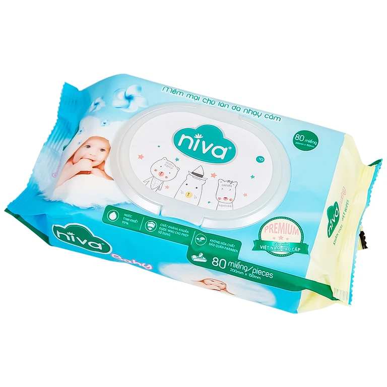 Khăn ướt Niva Baby làm sạch, kháng khuẩn và giữ vệ sinh (80 miếng)