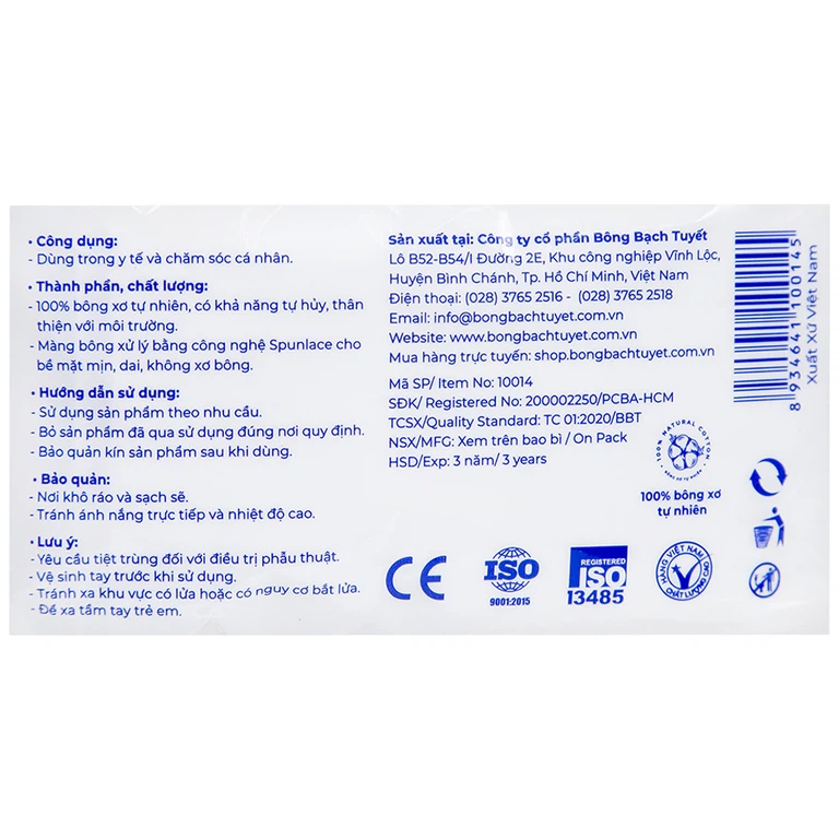 Bông y tế thấm nước Bạch Tuyết dùng trong chăm sóc cá nhân và y tế (45g) 
