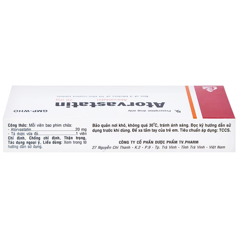 Thuốc Atorvastatin 20mg TV.Pharm điều trị tăng cholesterol máu, dự phòng tiên phát biến cố mạch vành (3 vỉ x 10 viên)