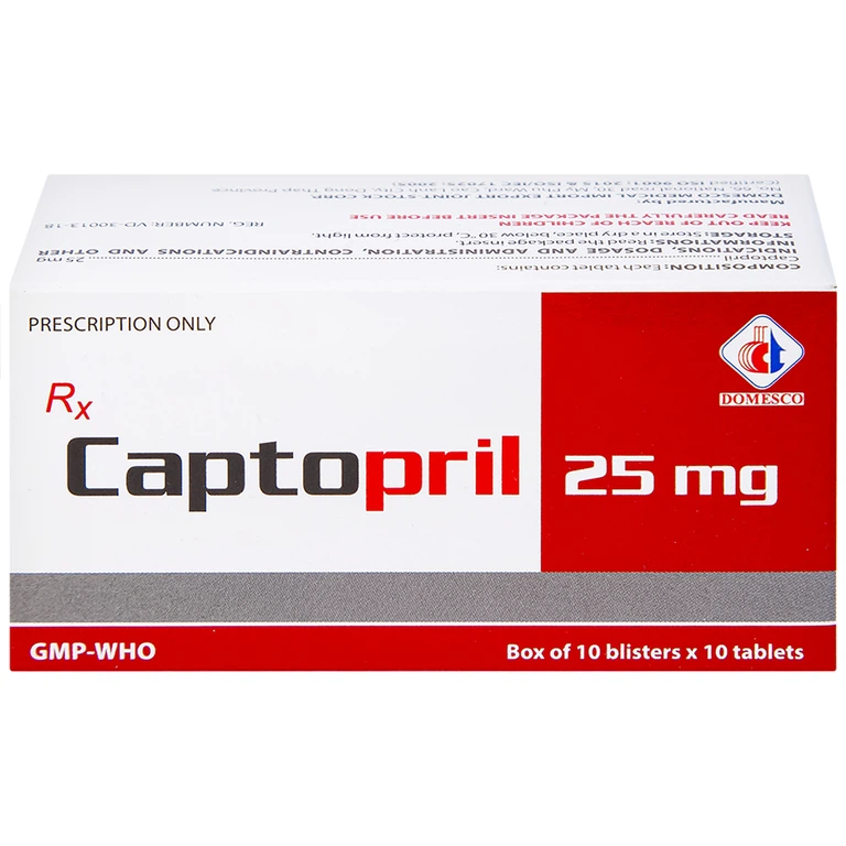 Thuốc Captopril 25mg Domesco điều trị tăng huyết áp, suy tim, nhồi máu cơ tim (10 vỉ x 10 viên) 