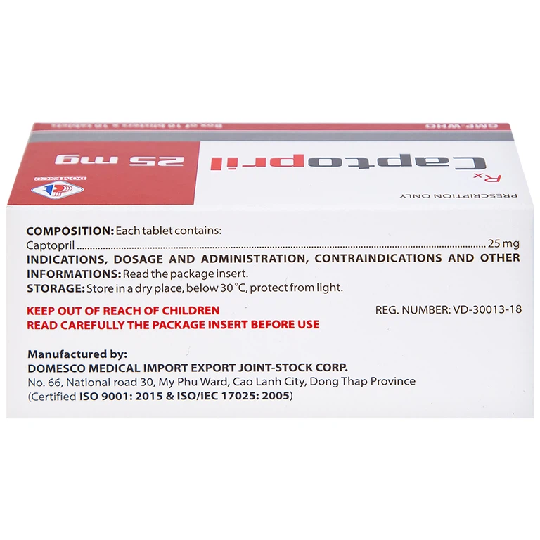 Thuốc Captopril 25mg Domesco điều trị tăng huyết áp, suy tim, nhồi máu cơ tim (10 vỉ x 10 viên) 