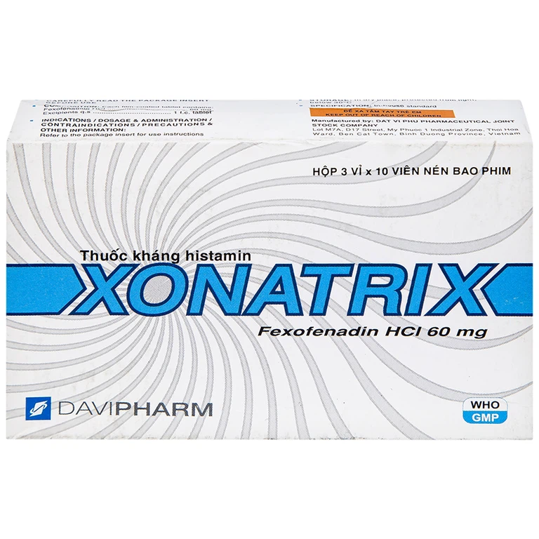 Thuốc Xonatrix 60mg DaviPharm điều trị triệu chứng viêm mũi dị ứng theo mùa (3 vỉ x 10 viên) 