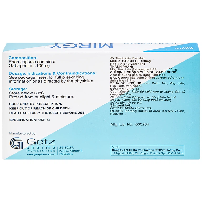 Viên nang cứng Mirgy 100mg Getz điều trị đau thần kinh, động kinh (1 vỉ x 10 viên)