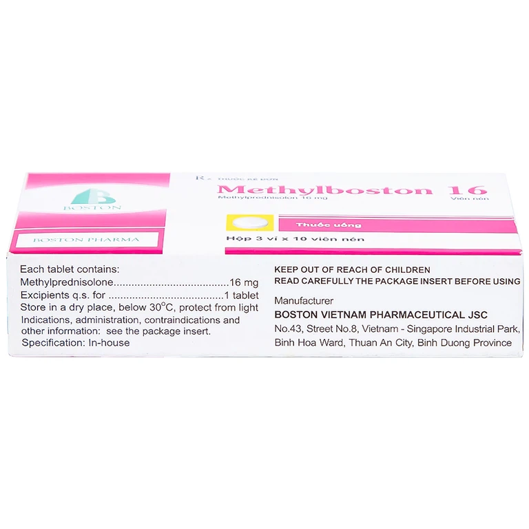 Thuốc Methylboston 16 Boston kháng viêm, điều trị suy tuyến thượng thận, viêm khớp, lupus ban đỏ (3 vỉ x 10 viên)