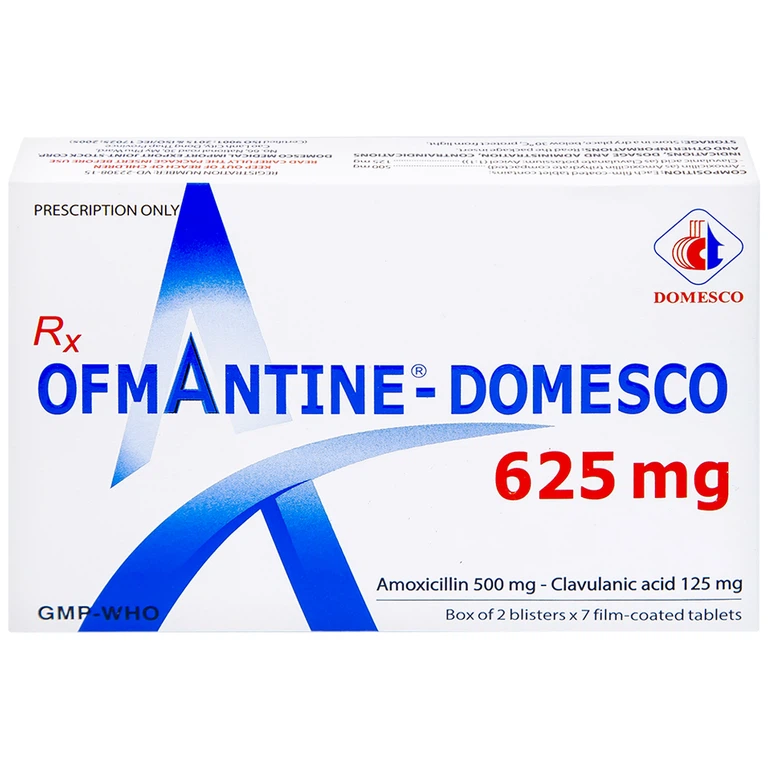 Thuốc Ofmantine Domesco 625mg điều trị nhiễm khuẩn đường hô hấp, đường tiết niệu - sinh dục (2 vỉ x 7 viên)