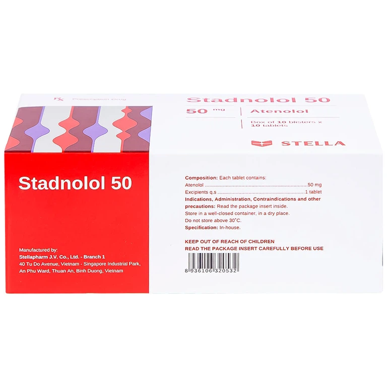 Thuốc Stadnolol 50 Stella điều trị tăng huyết áp, đau thắt ngực mạn tính ổn định (10 vỉ x 10 viên) 