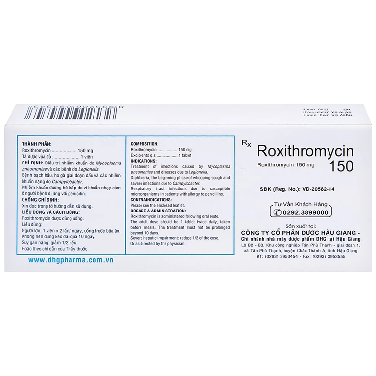 Thuốc Roxithromycin 150 DHG điều trị các loại nhiễm khuẩn, bệnh bạch hầu, ho gà (3 vỉ x 10 viên)