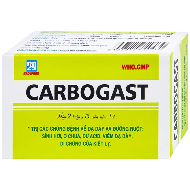 Viên nhai Carbogast Nadyphar điều trị bệnh dạ dày và đường ruột, di chứng của kiết lỵ (2 tuýp x 15 viên) 
