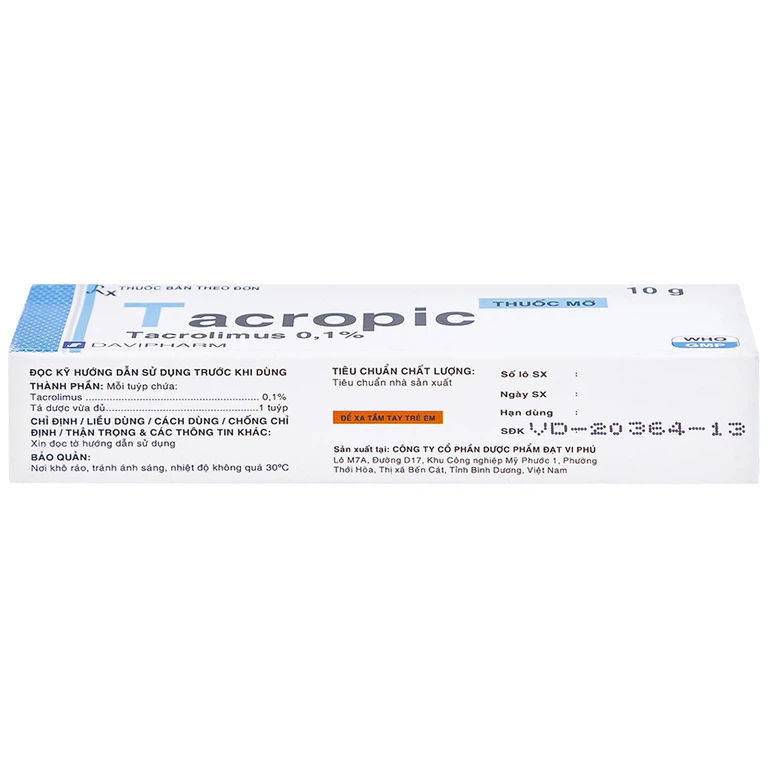 Thuốc mỡ Tacropic Tacrolimus 0,1% Davipharm điều trị chàm thể tạng (10g)