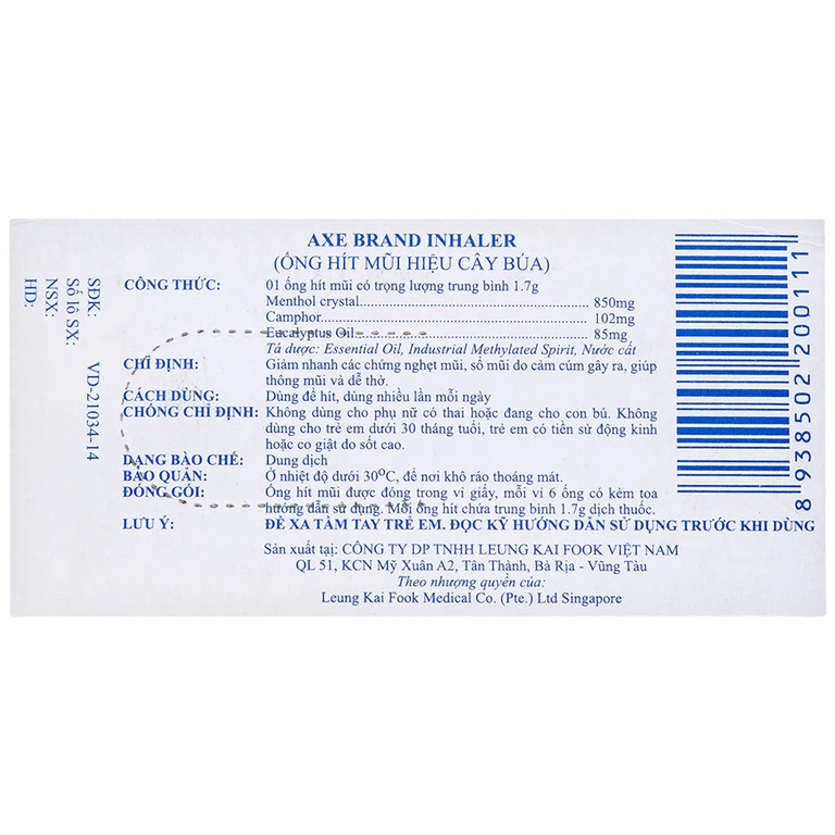  Ống hít mũi hiệu Cây Búa Axe Brand Inhaler Leung Kai Fook điều trị ngạt mũi, cảm cúm (6 ống x 1.7g)