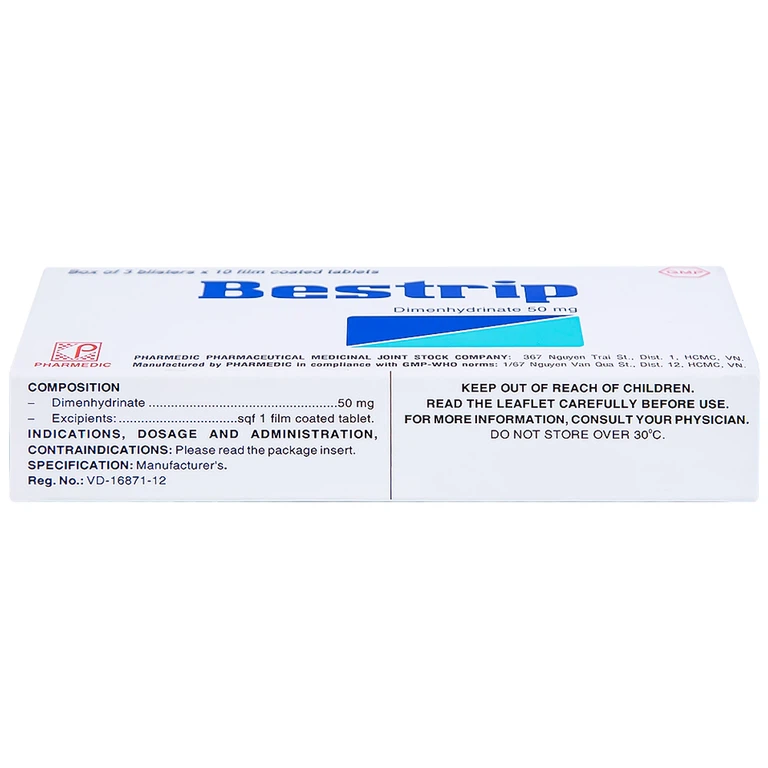 Thuốc Bestrip 50mg Pharmedic phòng và điều trị các chứng buồn nôn do say tàu xe (3 vỉ x 10 viên)