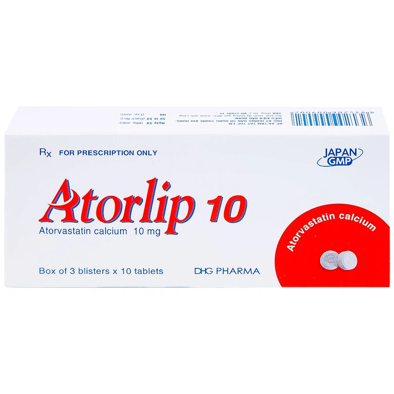 Thuốc Atorlip 10mg DHG điều trị tăng cholesterol toàn phần, tăng LDL-cholesterol (3 vỉ x 10 viên)