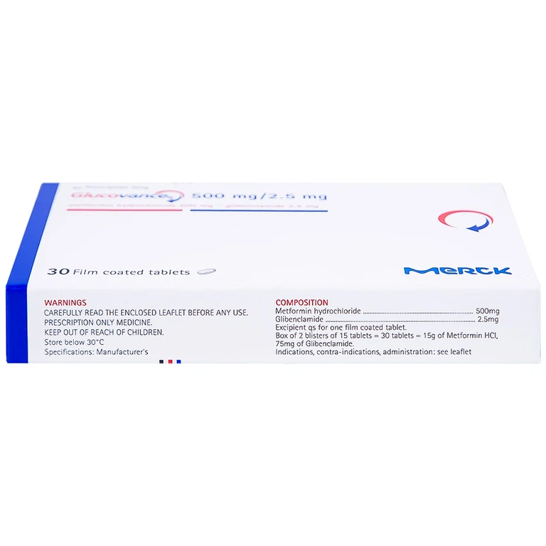 Thuốc Glucovance 500mg/2.5 mg Merck điều trị tiểu đường típ 2 (2 vỉ x 15 viên)