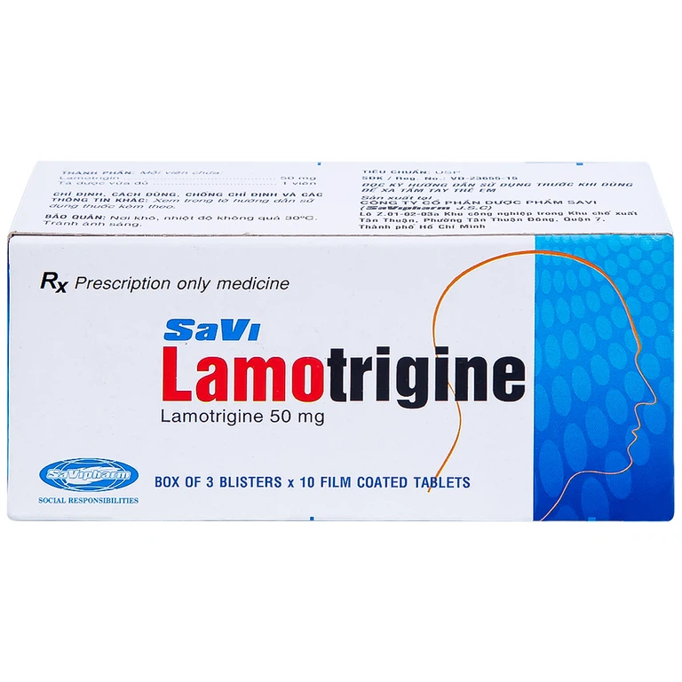 Viên nén Lamotrigine 50mg SaVi điều trị động kinh (3 vỉ x 10 viên)