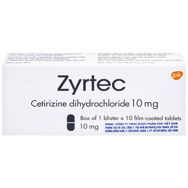 Thuốc Zyrtec GSK giảm viêm mũi dị ứng, mày đay tự phát, mạn tính (1 vỉ x 10 viên)