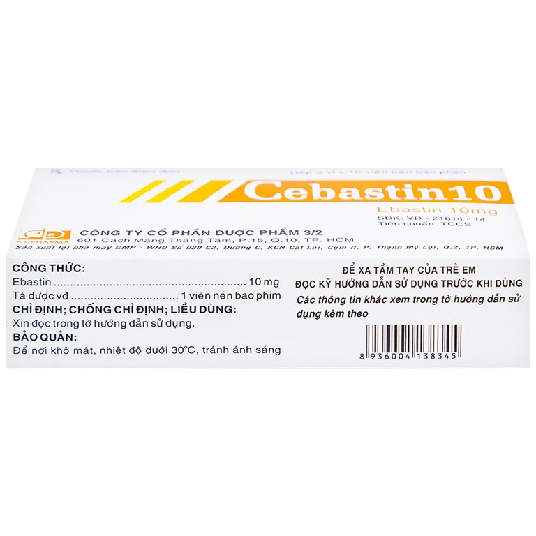 Thuốc Cebastin10 Dược 3-2 điều trị viêm mũi dị ứng, mày đay (3 vỉ x 10 viên) 