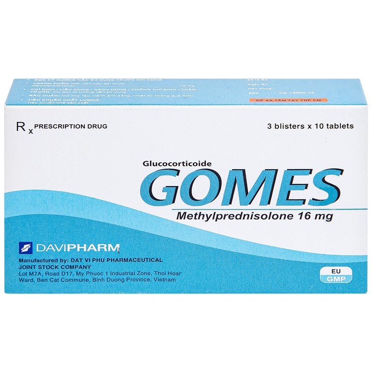 Thuốc Gomes 16mg Davipharm kháng viêm, điều trị viêm khớp dạng thấp, lupus ban đỏ hệ thống (3 vỉ x 10 viên)