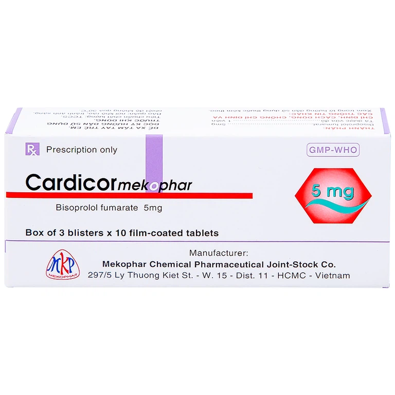 Thuốc Cardicor Mekophar 5 điều trị cao huyết áp, đau thắt ngực (3 vỉ x 10 viên)