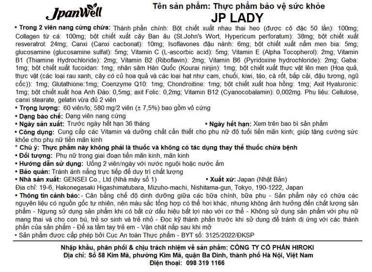 Viên uống JP Lady Jpanwell cung cấp vitamin hỗ trợ phụ nữ giai đoạn tiền mãn kinh (60 viên)