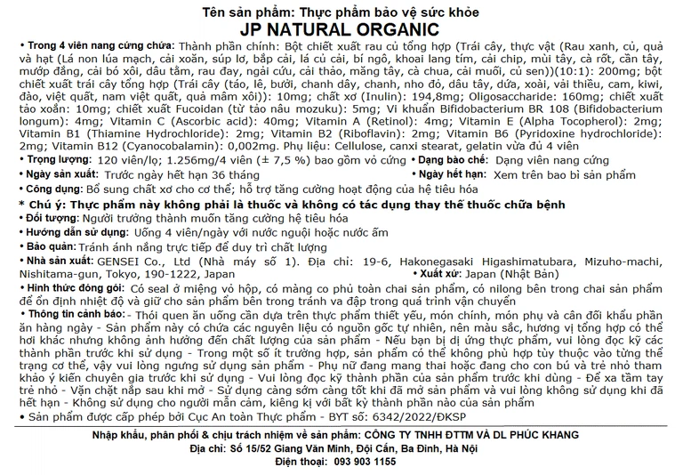 Thực phẩm bảo vệ sức khỏe JP Natural Organic Jpanwell bổ sung chất xơ, chống táo bón và tăng đề kháng (120 viên) 