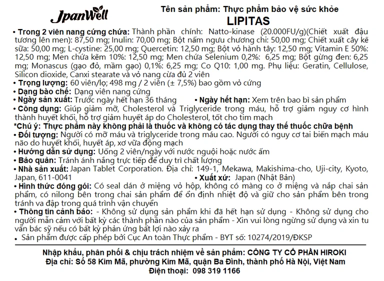 Viên uống Lipitas Jpanwell giúp giảm mỡ, cholesterol và triglyceride trong máu (60 viên)