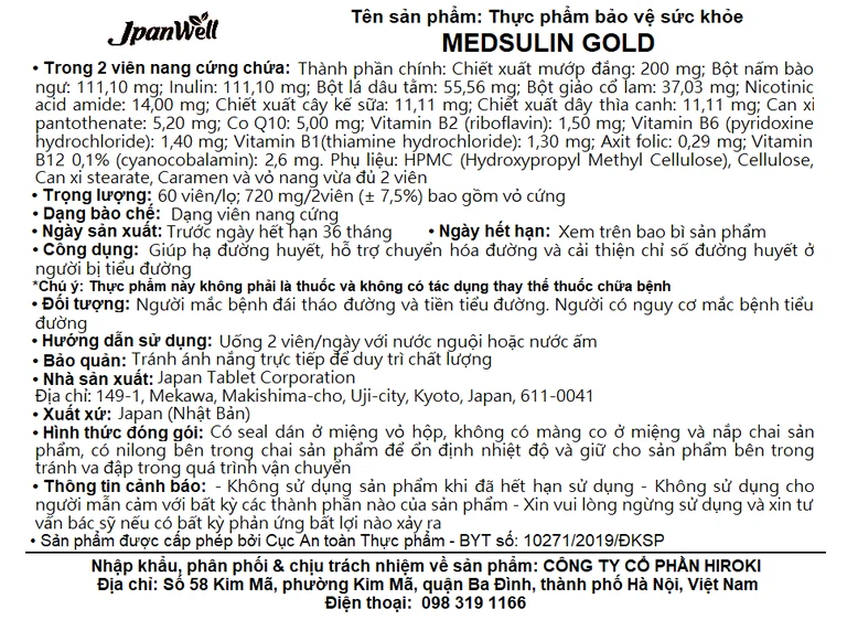 Viên uống Medsulin Gold Jpanwell giúp hạ đường huyết, hỗ trợ chuyển hóa đường (60 viên)