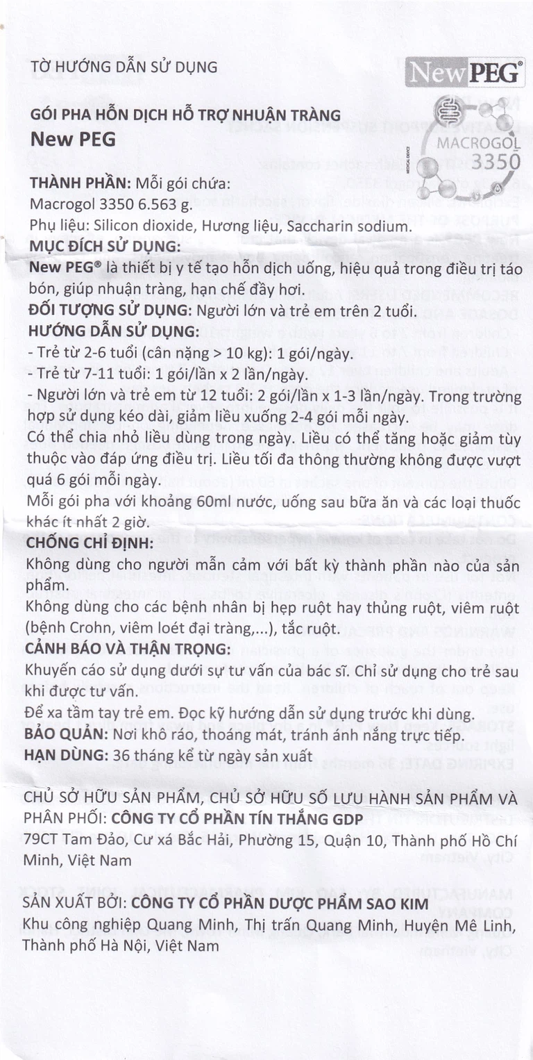 Gói pha hỗn dịch hỗ trợ nhuận tràng Newpeg Macrogol 3350 Sao Kim điều trị táo bón, nhuận tràng, đầy hơi (30 gói)