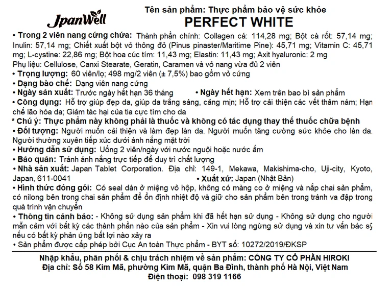 Thực phẩm bảo vệ sức khỏe Perfect White hỗ trợ làm đẹp da, giúp da trắng sáng, căng mịn (60 viên)