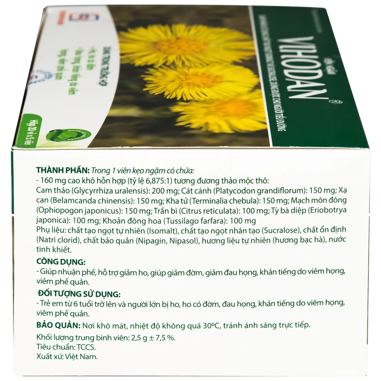 Viên ngậm Vihodan TW3 giúp nhuận phế, hỗ trợ giảm ho, giúp giảm đờm, giảm đau họng (20 vỉ x 5 viên)