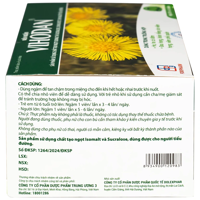 Viên ngậm Vihodan TW3 giúp nhuận phế, hỗ trợ giảm ho, giúp giảm đờm, giảm đau họng (20 vỉ x 5 viên)