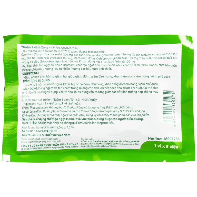 Viên ngậm Vihodan TW3 giúp nhuận phế, hỗ trợ giảm ho, giúp giảm đờm, giảm đau họng (20 vỉ x 5 viên)