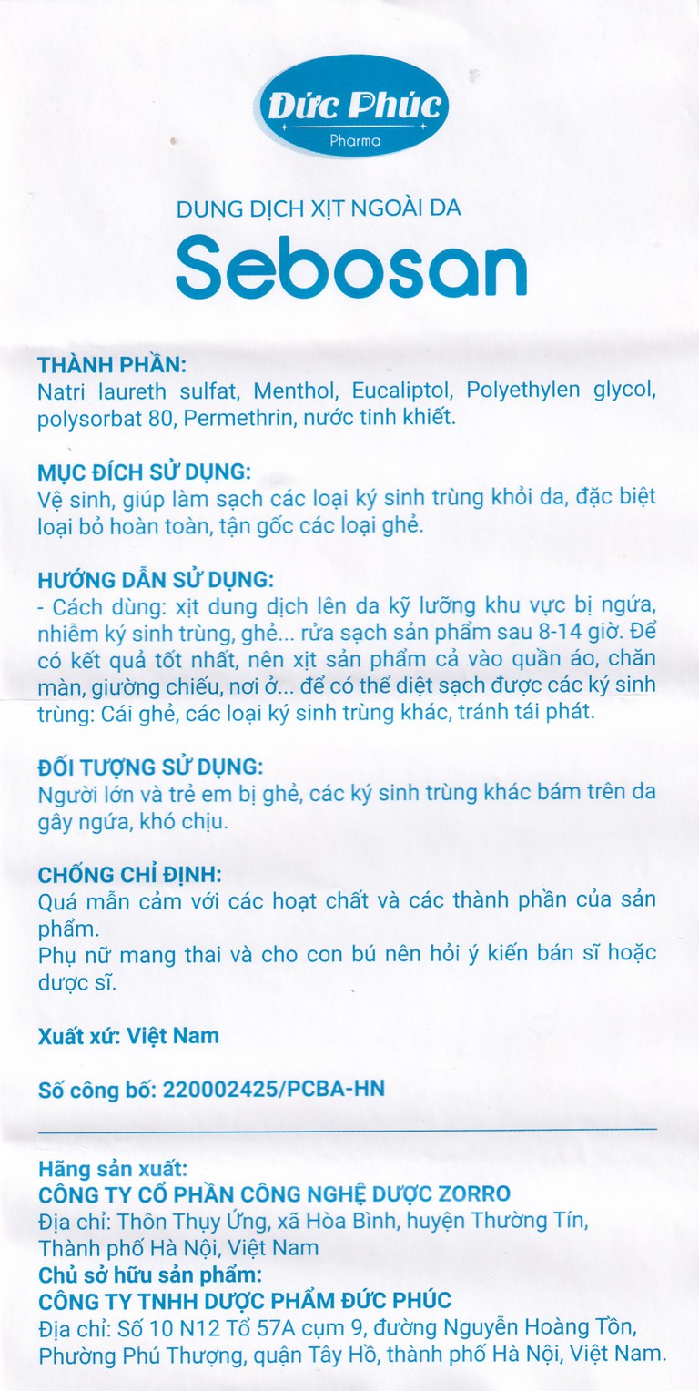 Dung dịch xịt ngoài da Sebosan 100ml Đức Phúc vệ sinh, làm sạch các loại ký sinh trùng khỏi da