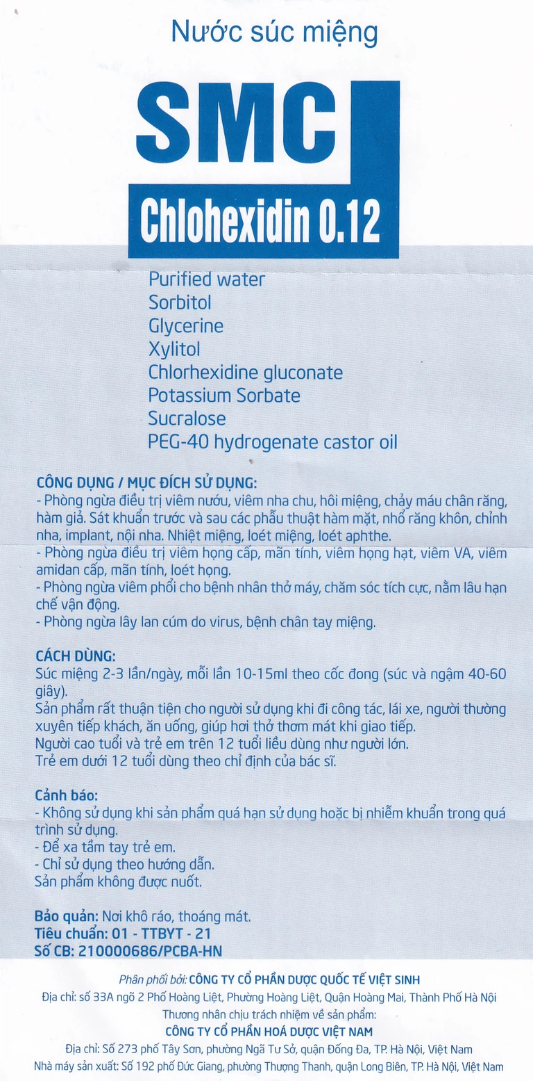 Nước súc miệng SMC Chlohexidin 0.12 Việt Sinh Pharma phòng ngừa và điều trị viêm nướu, viêm nha chu (350ml)