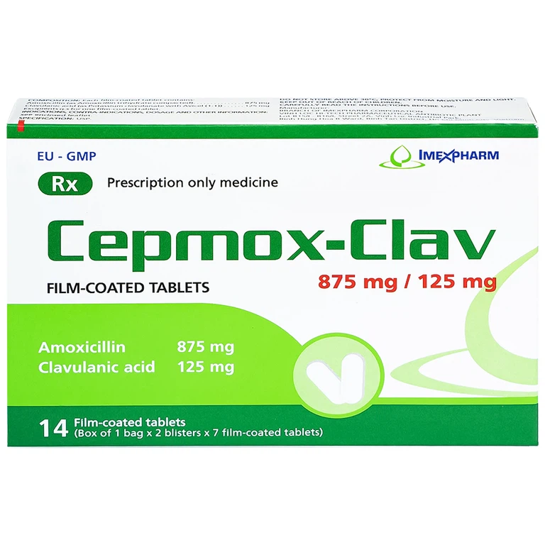 Thuốc Cepmox-Clav 875mg/125mg Imexpharm điều trị viêm xoang cấp tính do vi khuẩn, viêm tai giữa cấp tính (2 vỉ x 7 viên)