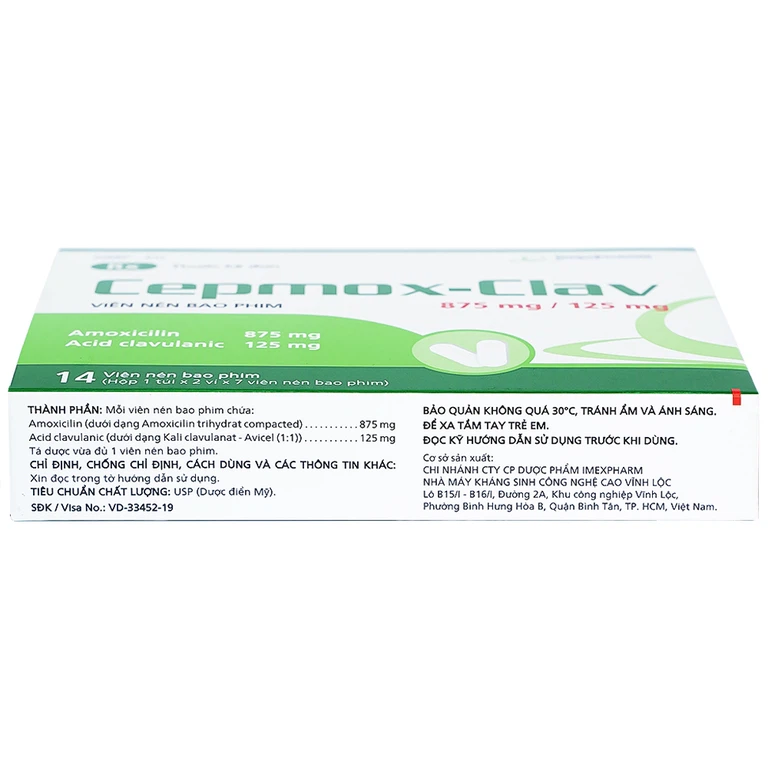 Thuốc Cepmox-Clav 875mg/125mg Imexpharm điều trị viêm xoang cấp tính do vi khuẩn, viêm tai giữa cấp tính (2 vỉ x 7 viên)